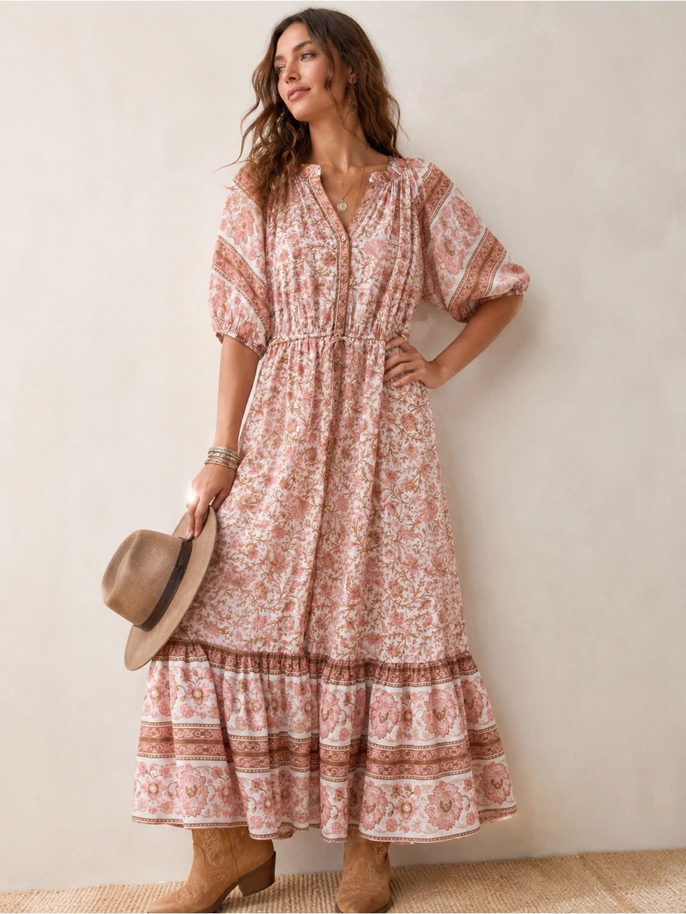 By the River Floral Maxi Dress Button-Front Drawstring L Prairie Western Boho - Picture 1 of 7